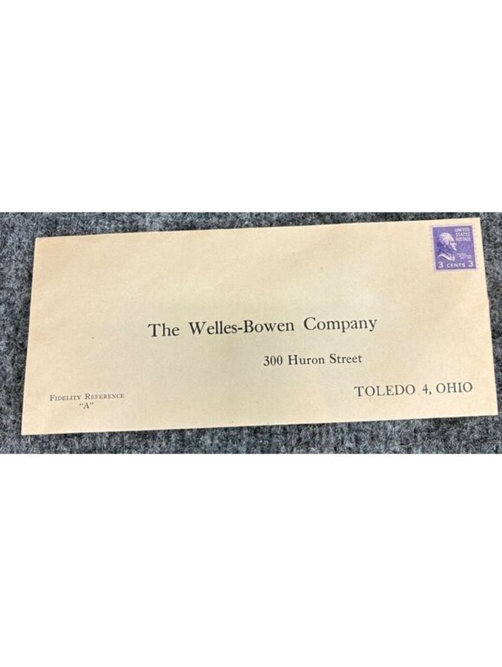 Vintage The Welles-Bowen Company Empty Envelope with 3 Cents Stamp Toledo OH